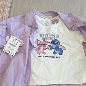 Disney Stitch & Angel Kids Tee - White and Lavender with long sleeve button up